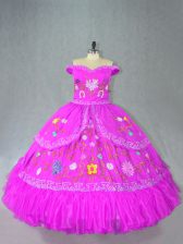 Graceful Fuchsia Quinceanera Dresses Sweet 16 and Quinceanera with Embroidery Off The Shoulder Sleeveless Lace Up