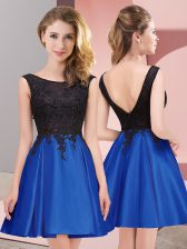 Most Popular Royal Blue A-line Satin Scoop Sleeveless Lace Mini Length Zipper Vestidos de Damas