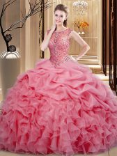  Scoop Sleeveless Lace Up 15th Birthday Dress Pink Organza