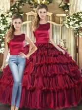 Spectacular Organza Scoop Sleeveless Lace Up Ruffled Layers Quinceanera Dresses in Wine Red