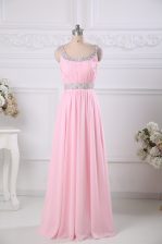  Baby Pink Evening Dress Prom and Party and Military Ball with Beading and Ruching Scoop Sleeveless Side Zipper