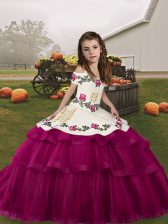  Fuchsia Tulle Lace Up Little Girls Pageant Dress Sleeveless Floor Length Embroidery and Ruffled Layers