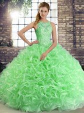  Green Ball Gowns Beading 15 Quinceanera Dress Lace Up Fabric With Rolling Flowers Sleeveless Floor Length