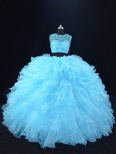Traditional Sleeveless Floor Length Beading and Ruffles Zipper Sweet 16 Dresses with Aqua Blue