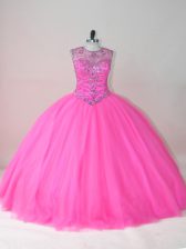 Fantastic Sleeveless Floor Length Beading Lace Up 15th Birthday Dress with Rose Pink 