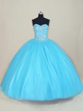  Floor Length Aqua Blue Quinceanera Dress Tulle Sleeveless Beading
