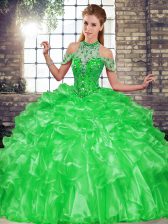Discount Green Lace Up Halter Top Beading and Ruffles 15 Quinceanera Dress Organza Sleeveless