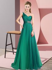 Nice One Shoulder Sleeveless Prom Dresses Brush Train Beading Turquoise Chiffon