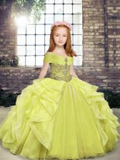  Yellow Green Kids Pageant Dress Party and Wedding Party with Beading and Ruffles Straps Sleeveless Lace Up