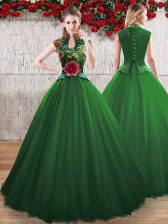 Luxurious V-neck Sleeveless Tulle Quinceanera Gowns Hand Made Flower Lace Up