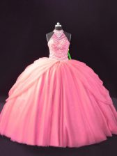  Pink Ball Gowns Beading and Pick Ups Ball Gown Prom Dress Lace Up Tulle Sleeveless