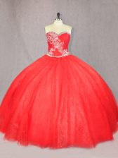 Comfortable Floor Length Lace Up Quince Ball Gowns Red for Sweet 16 and Quinceanera with Beading