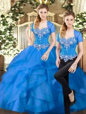 Spectacular Blue Lace Up 15th Birthday Dress Beading and Ruffles Sleeveless Floor Length