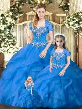 High Quality Blue Sweetheart Neckline Beading and Ruffles Quinceanera Dresses Sleeveless Lace Up