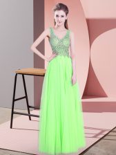  Yellow Green Empire Tulle V-neck Sleeveless Beading Floor Length Zipper Prom Evening Gown