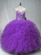  Sweetheart Sleeveless Tulle Quince Ball Gowns Beading and Ruffles Lace Up