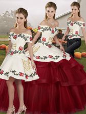 Glamorous Wine Red Tulle Lace Up Quinceanera Dresses Sleeveless Brush Train Embroidery and Ruffled Layers