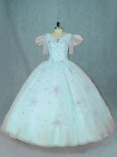 Top Selling Apple Green Ball Gowns Organza V-neck Short Sleeves Beading Floor Length Zipper Quinceanera Gowns