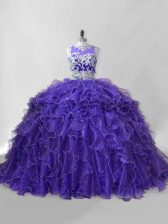  Purple Organza Zipper Scoop Sleeveless Quince Ball Gowns Brush Train Beading and Ruffles