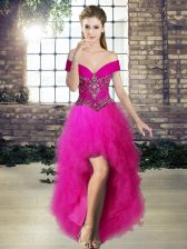  Fuchsia A-line Beading and Ruffles Evening Dress Lace Up Tulle Sleeveless High Low