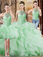 Excellent Apple Green Lace Up Halter Top Beading and Ruffles Quinceanera Dresses Organza Sleeveless Brush Train