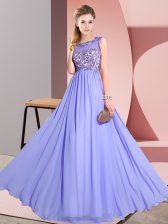 Smart Lavender Chiffon Backless Dama Dress Sleeveless Floor Length Beading and Appliques