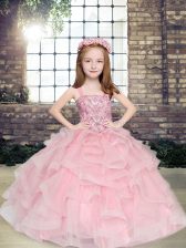  Sleeveless Tulle Floor Length Lace Up Child Pageant Dress in Pink with Beading and Ruffles