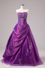Super Floor Length Purple Sweet 16 Dresses Organza Sleeveless Embroidery