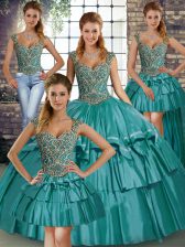  Ball Gowns Sweet 16 Dress Teal Straps Taffeta Sleeveless Floor Length Lace Up