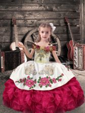  Coral Red Ball Gowns Beading and Embroidery and Ruffles Child Pageant Dress Lace Up Organza Sleeveless Floor Length