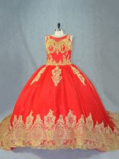  Sleeveless Tulle Court Train Lace Up 15th Birthday Dress in Red with Appliques