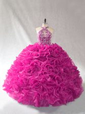  Fuchsia Sweet 16 Dress Halter Top Sleeveless Brush Train Lace Up