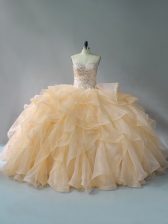 Glorious Gold Sleeveless Brush Train Beading and Ruffles Sweet 16 Quinceanera Dress