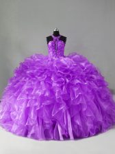  Halter Top Sleeveless Organza Sweet 16 Quinceanera Dress Beading and Ruffles Brush Train Zipper