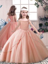  Off The Shoulder Sleeveless Little Girls Pageant Dress Wholesale Floor Length Beading Peach Tulle