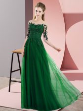Custom Fit Half Sleeves Floor Length Beading and Lace Lace Up Dama Dress with Dark Green