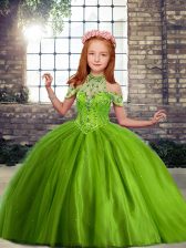  Olive Green Off The Shoulder Neckline Beading Little Girls Pageant Dress Sleeveless Lace Up