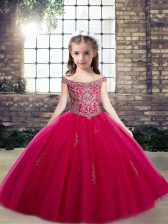  Ball Gowns Kids Formal Wear Hot Pink Scoop Tulle Sleeveless Floor Length Lace Up