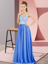 Super V-neck Sleeveless Backless Homecoming Dress Blue Chiffon