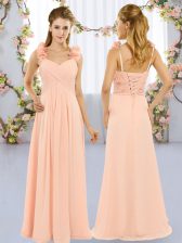  Sleeveless Chiffon Floor Length Lace Up Dama Dress for Quinceanera in Peach with Hand Made Flower