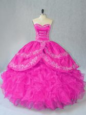 Elegant Sleeveless Floor Length Embroidery and Ruffles Lace Up Sweet 16 Quinceanera Dress with Fuchsia