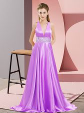  Lavender Prom and Party with Beading V-neck Sleeveless Brush Train Backless