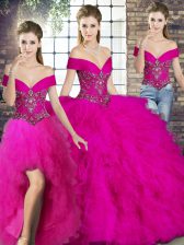 Modern Floor Length Three Pieces Sleeveless Fuchsia Sweet 16 Quinceanera Dress Lace Up