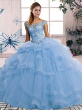  Blue Quinceanera Gowns Military Ball and Sweet 16 and Quinceanera with Beading and Ruffles Off The Shoulder Sleeveless Lace Up
