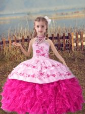 Inexpensive Ball Gowns Little Girls Pageant Dress Wholesale Hot Pink Halter Top Organza Sleeveless Floor Length Lace Up