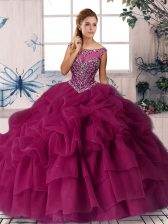  Fuchsia Sleeveless Brush Train Beading and Pick Ups Quinceanera Gown