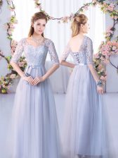  V-neck Half Sleeves Lace Up Vestidos de Damas Grey Tulle