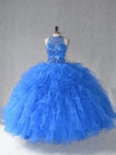  Sleeveless Floor Length Beading and Ruffles Lace Up Quinceanera Dresses with Royal Blue