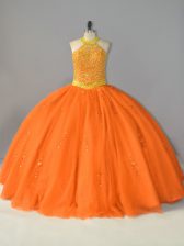 Cheap Floor Length Lace Up Quinceanera Gown Orange for Sweet 16 and Quinceanera with Beading