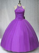  Ball Gowns Vestidos de Quinceanera Purple Halter Top Tulle Sleeveless Floor Length Lace Up